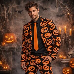 OppoSuits Pumpkin Suit Mens 38 Black Orange Halloween Costume 2pc Party Wear Set